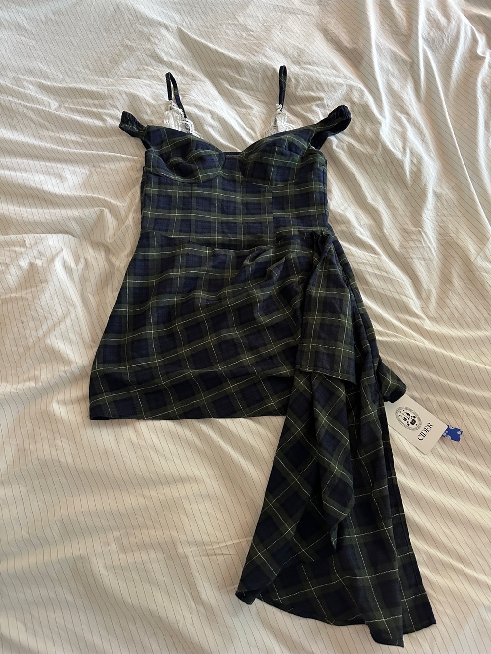 Cider - Plaid Asymmetric Dress with Draped Skirt and Lace Trim - Picture 3 of 5
